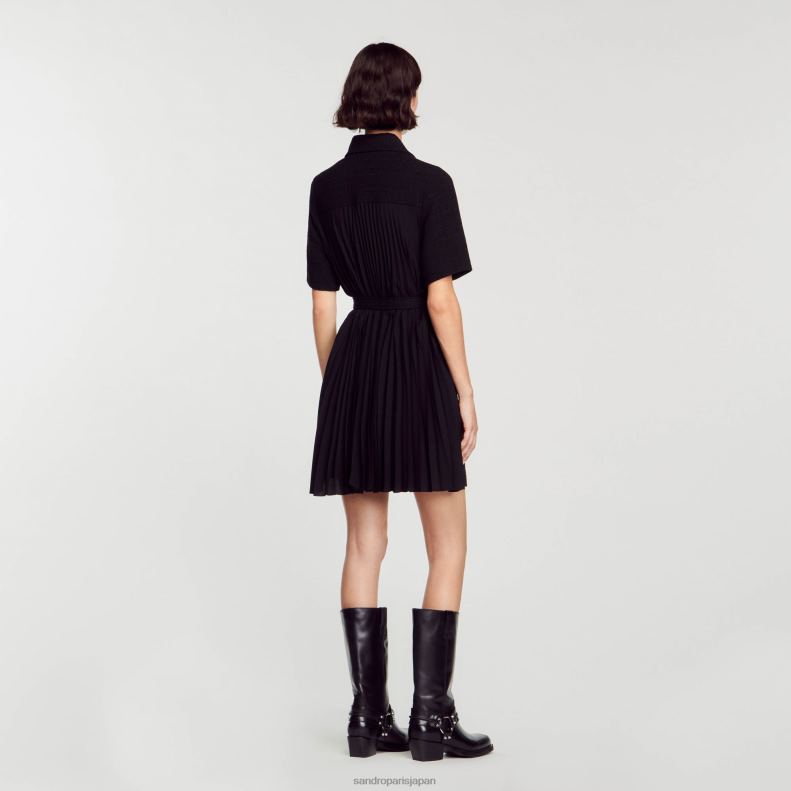 jp Sandro Paris 女性 2つの素材を使用した半袖ドレス 黒 20D4B157 衣服