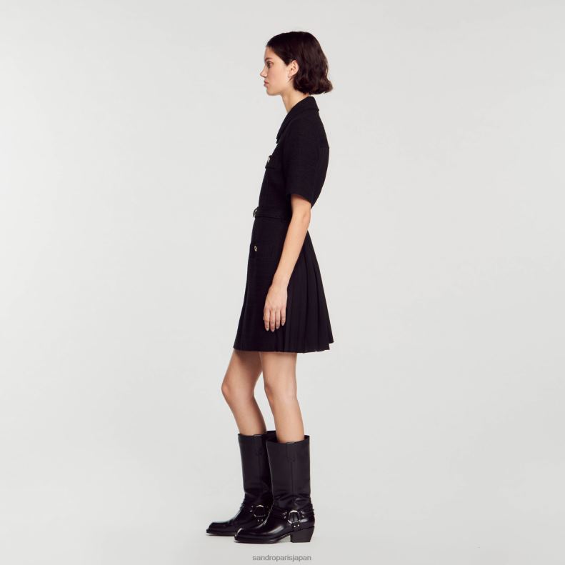 jp Sandro Paris 女性 2つの素材を使用した半袖ドレス 黒 20D4B157 衣服