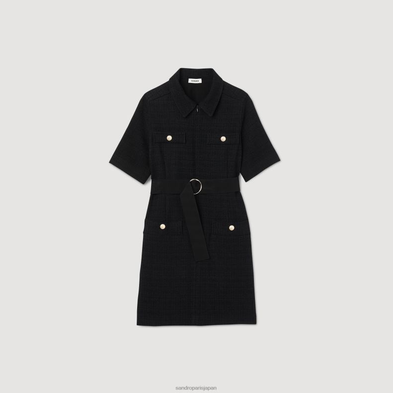 jp Sandro Paris 女性 2つの素材を使用した半袖ドレス 黒 20D4B157 衣服