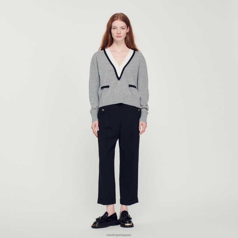 jp Sandro Paris 女性 コントラストのある深いVネックのセーター 嘲笑された灰色 20D4B86 衣服