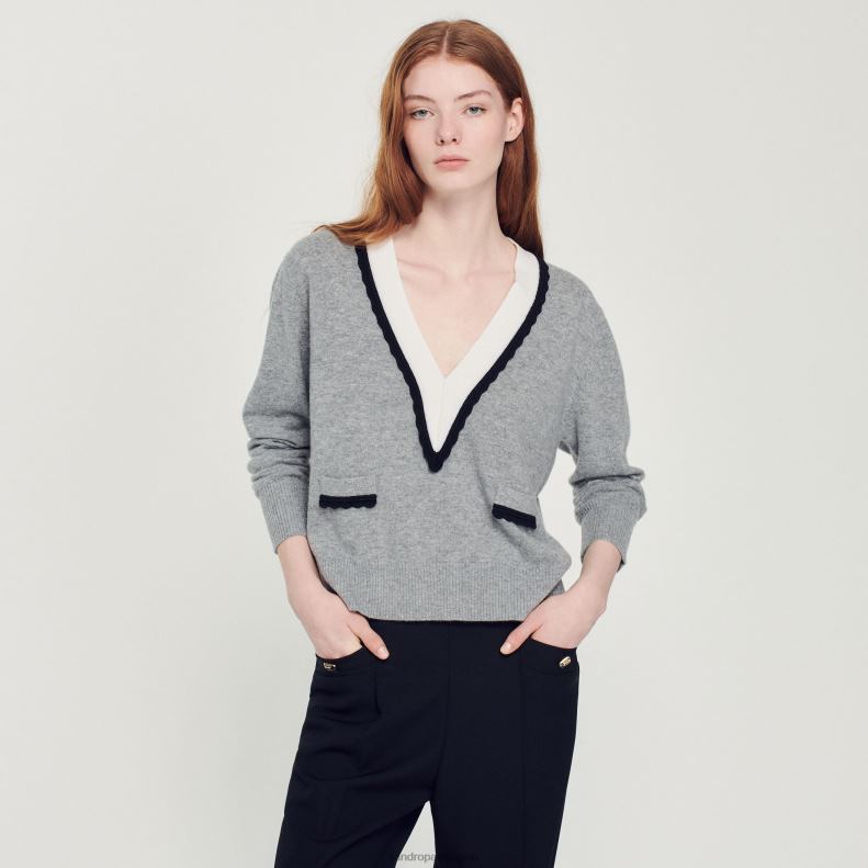 jp Sandro Paris 女性 コントラストのある深いVネックのセーター 嘲笑された灰色 20D4B86 衣服