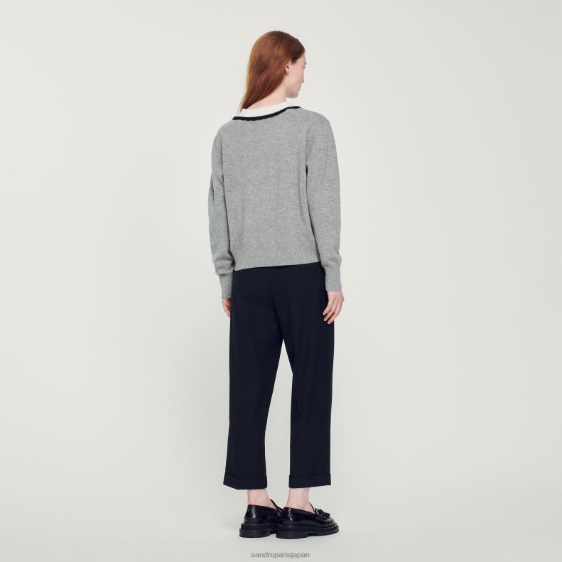 jp Sandro Paris 女性 コントラストのある深いVネックのセーター 嘲笑された灰色 20D4B86 衣服