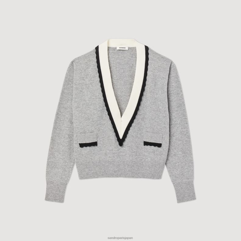 jp Sandro Paris 女性 コントラストのある深いVネックのセーター 嘲笑された灰色 20D4B86 衣服
