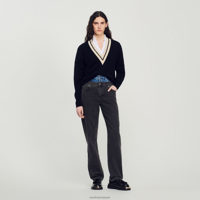 jp Sandro Paris 女性 コントラストのあるVネックのセーター 黒 20D4B89 衣服