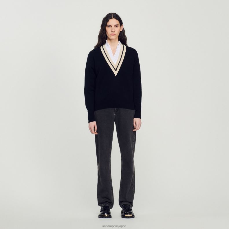 jp Sandro Paris 女性 コントラストのあるVネックのセーター 黒 20D4B89 衣服