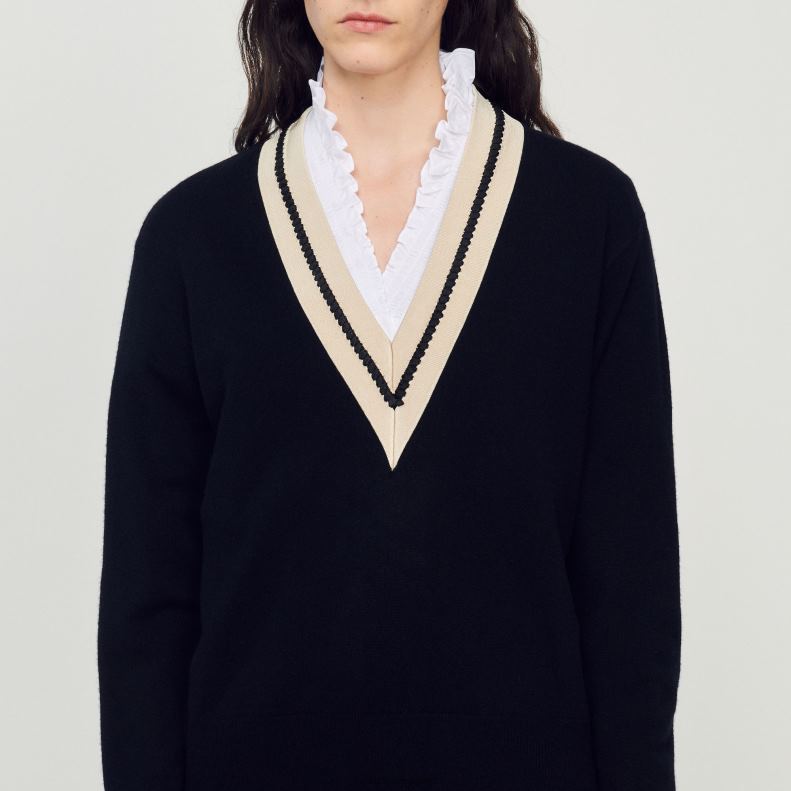 jp Sandro Paris 女性 コントラストのあるVネックのセーター 黒 20D4B89 衣服