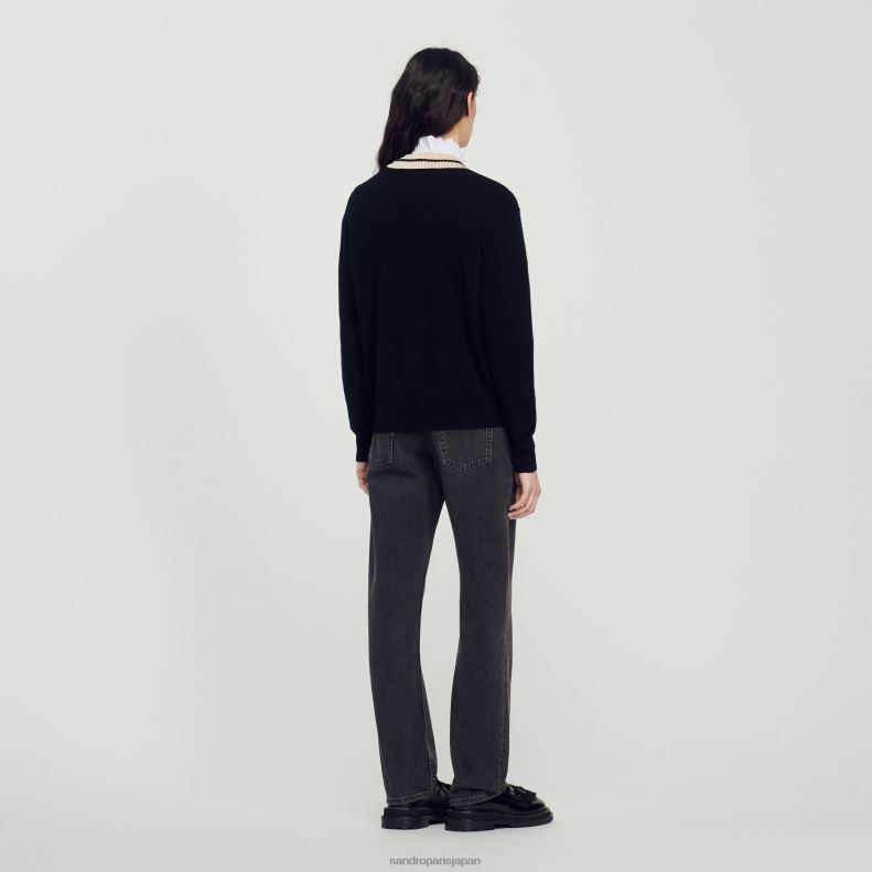 jp Sandro Paris 女性 コントラストのあるVネックのセーター 黒 20D4B89 衣服