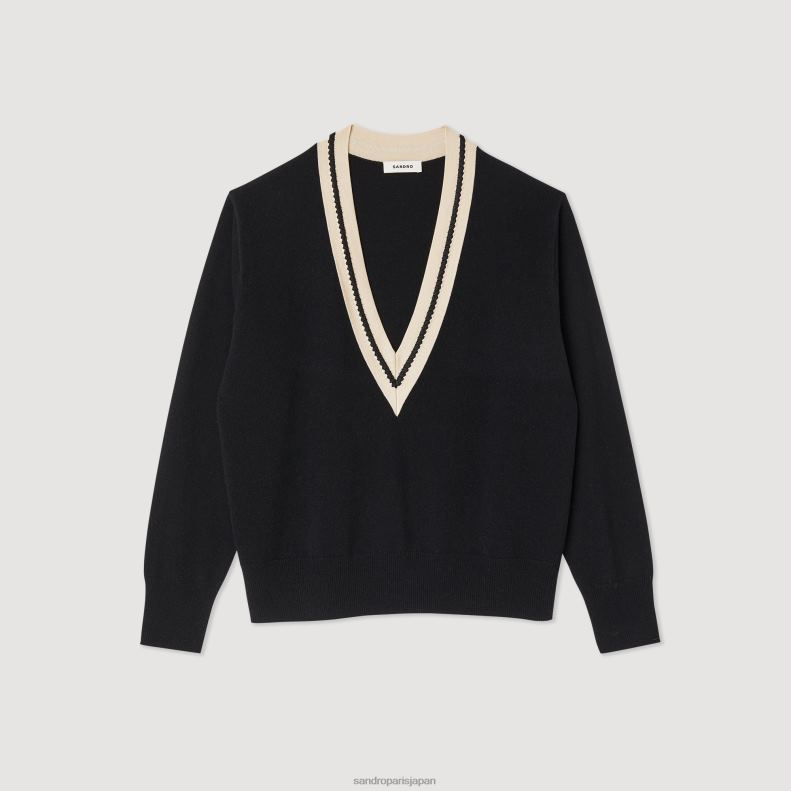 jp Sandro Paris 女性 コントラストのあるVネックのセーター 黒 20D4B89 衣服
