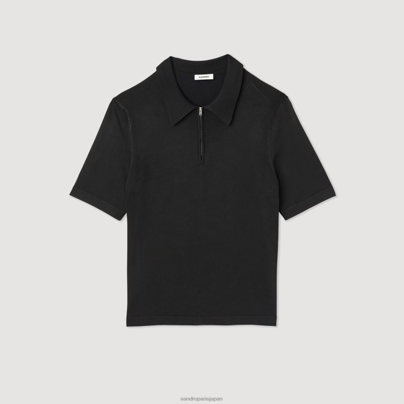 jp Sandro Paris 男性 ジップカラー付きニットポロシャツ 黒 20D4B629 衣服