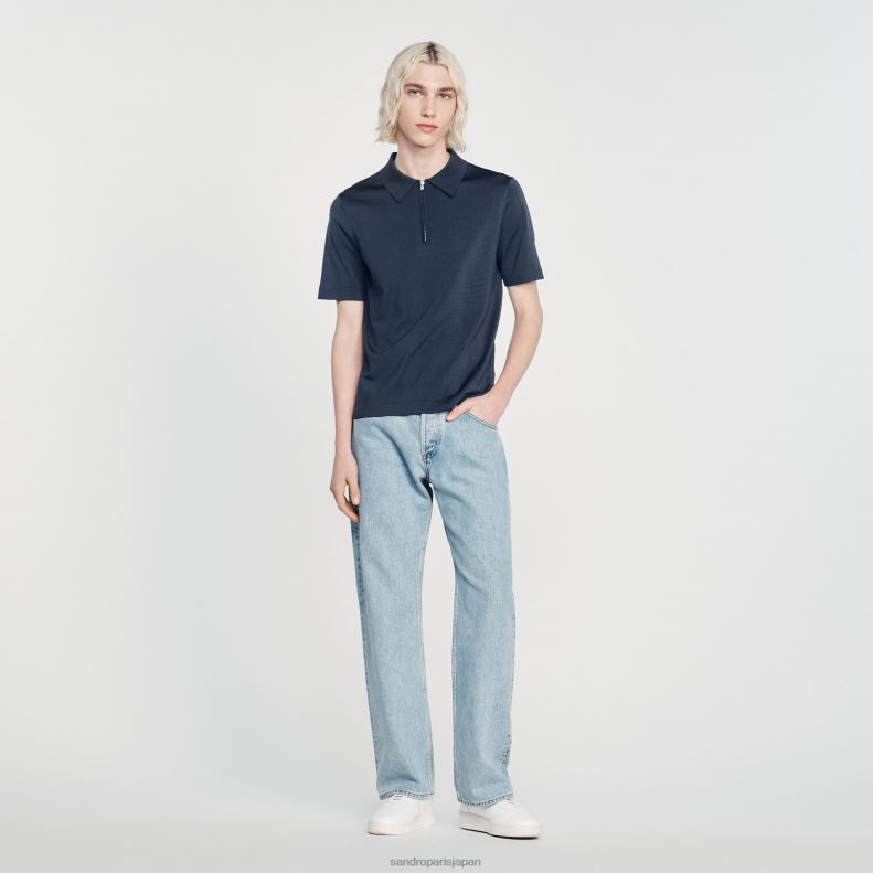 jp Sandro Paris 男性 ジップカラー付きニットポロシャツ 青 20D4B630 衣服