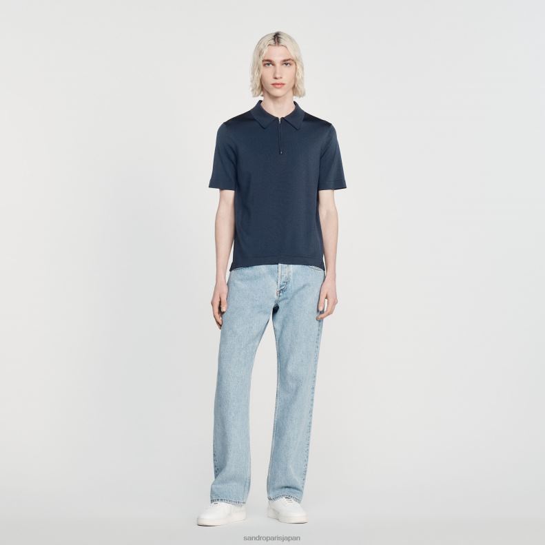jp Sandro Paris 男性 ジップカラー付きニットポロシャツ 青 20D4B630 衣服