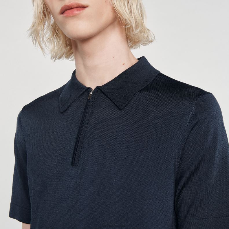 jp Sandro Paris 男性 ジップカラー付きニットポロシャツ 青 20D4B630 衣服