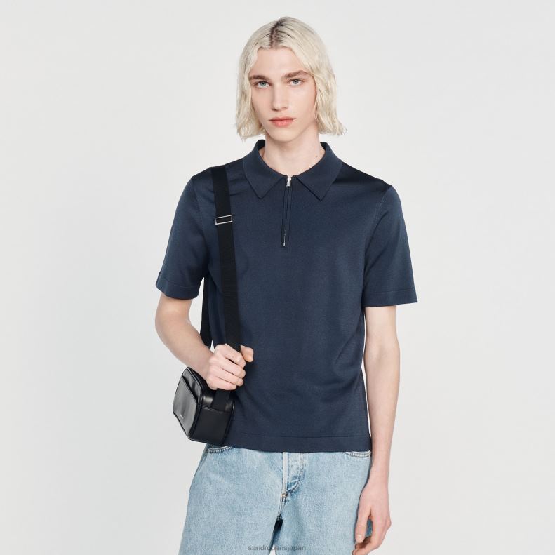 jp Sandro Paris 男性 ジップカラー付きニットポロシャツ 青 20D4B630 衣服