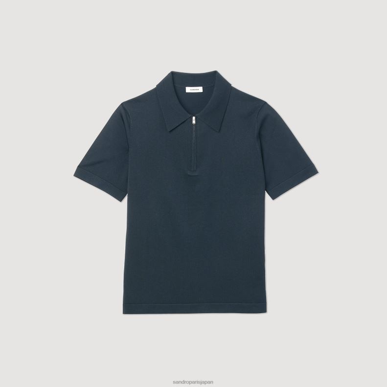 jp Sandro Paris 男性 ジップカラー付きニットポロシャツ 青 20D4B630 衣服