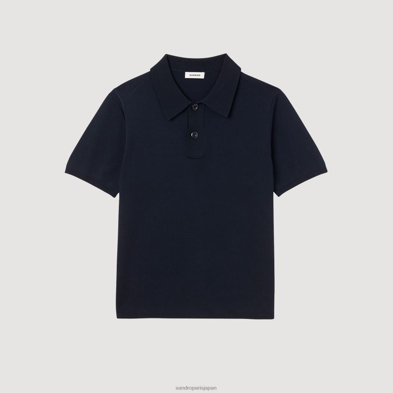 jp Sandro Paris 男性 半袖ニットポロシャツ ネイビーブルー 20D4B715 衣服