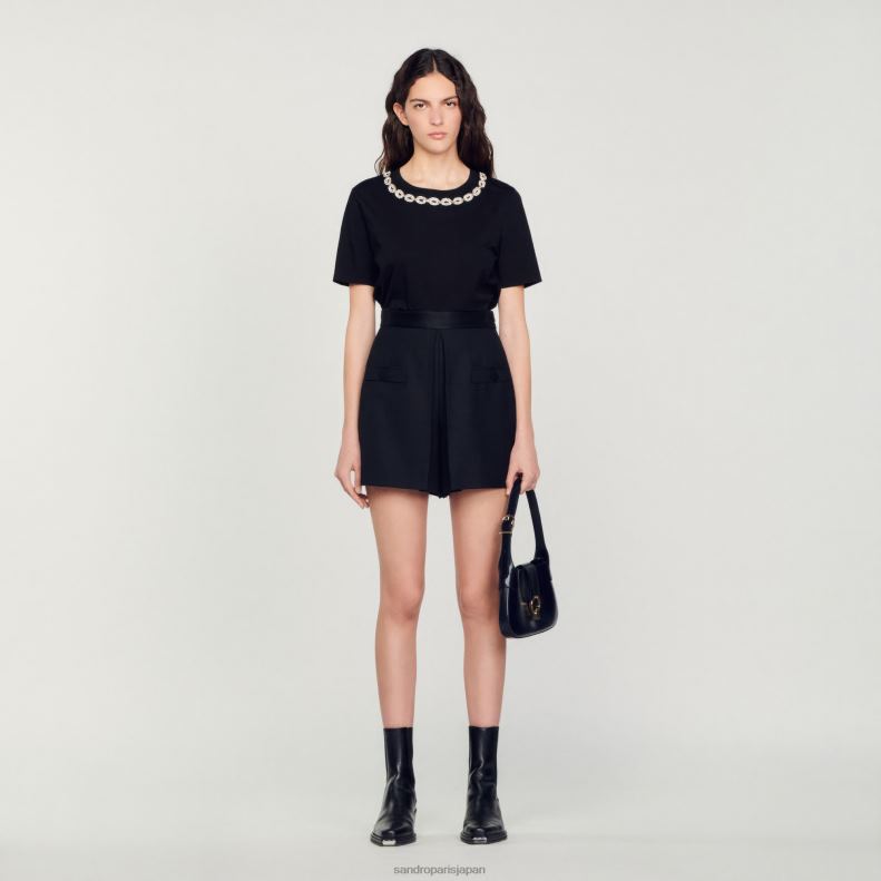 jp Sandro Paris 女性 オーガニックコットン ジュエルカラー Tシャツ 黒 20D4B114 衣服