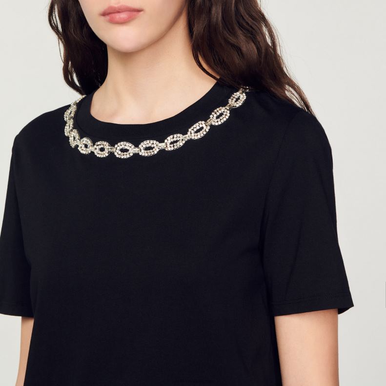 jp Sandro Paris 女性 オーガニックコットン ジュエルカラー Tシャツ 黒 20D4B114 衣服