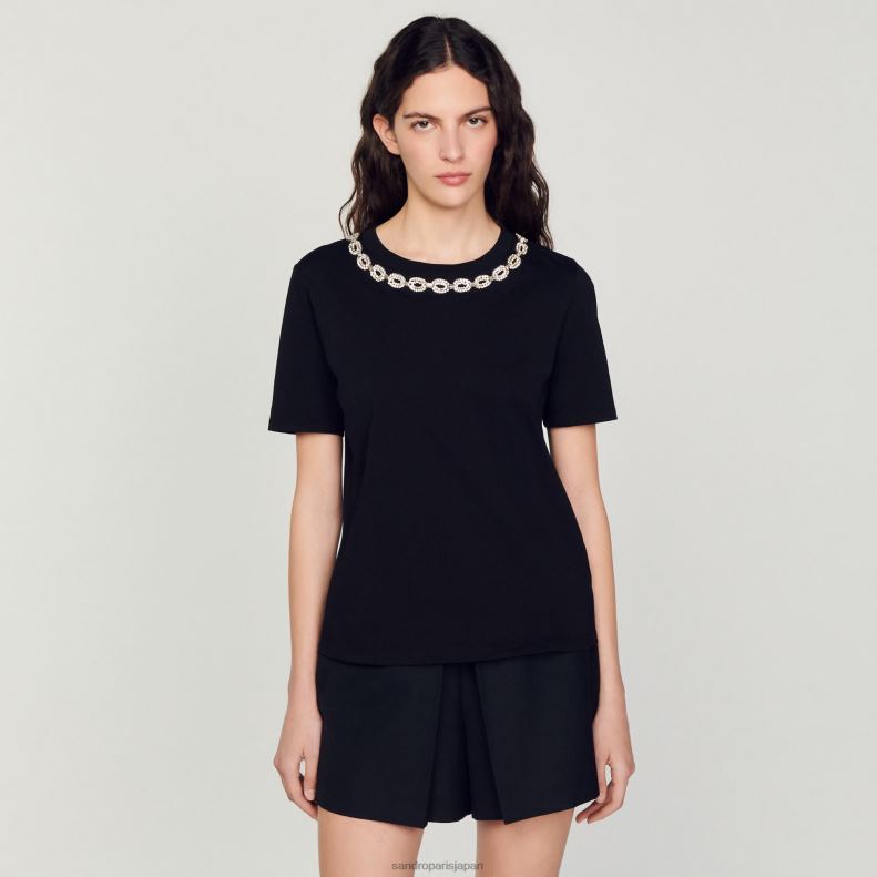 jp Sandro Paris 女性 オーガニックコットン ジュエルカラー Tシャツ 黒 20D4B114 衣服