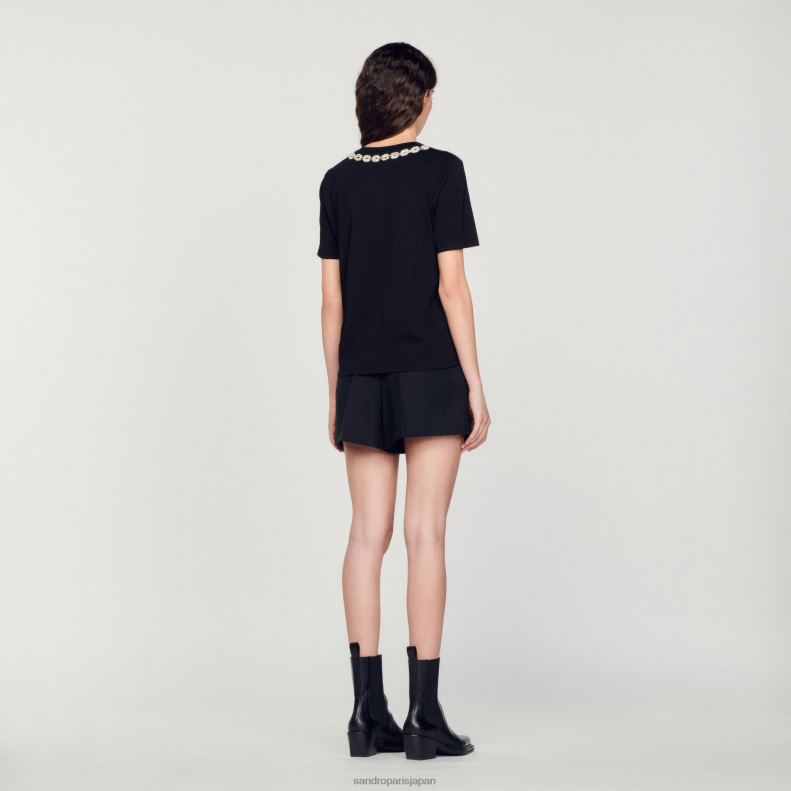 jp Sandro Paris 女性 オーガニックコットン ジュエルカラー Tシャツ 黒 20D4B114 衣服