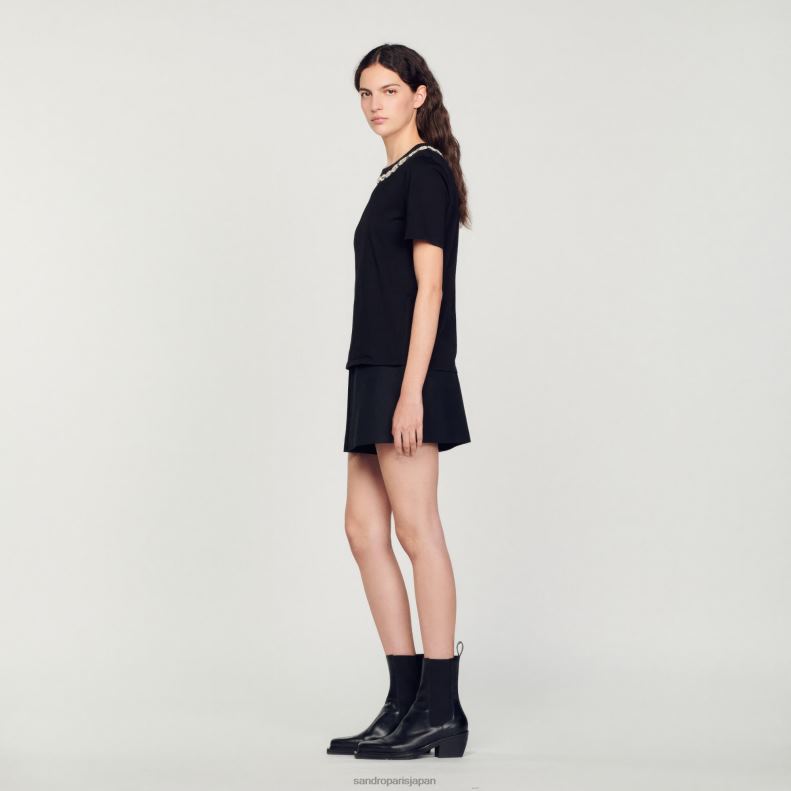 jp Sandro Paris 女性 オーガニックコットン ジュエルカラー Tシャツ 黒 20D4B114 衣服