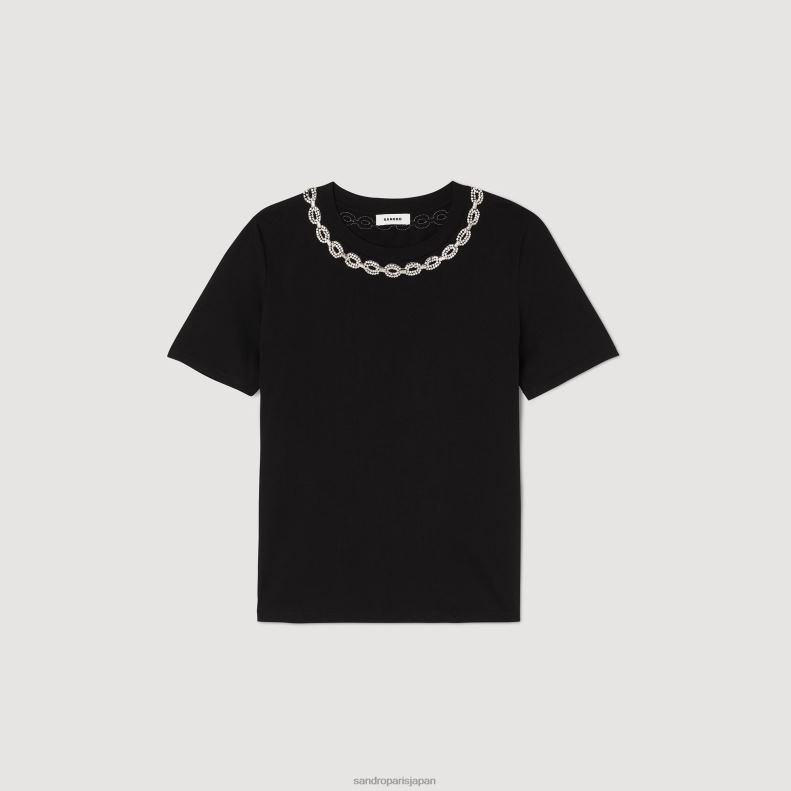 jp Sandro Paris 女性 オーガニックコットン ジュエルカラー Tシャツ 黒 20D4B114 衣服