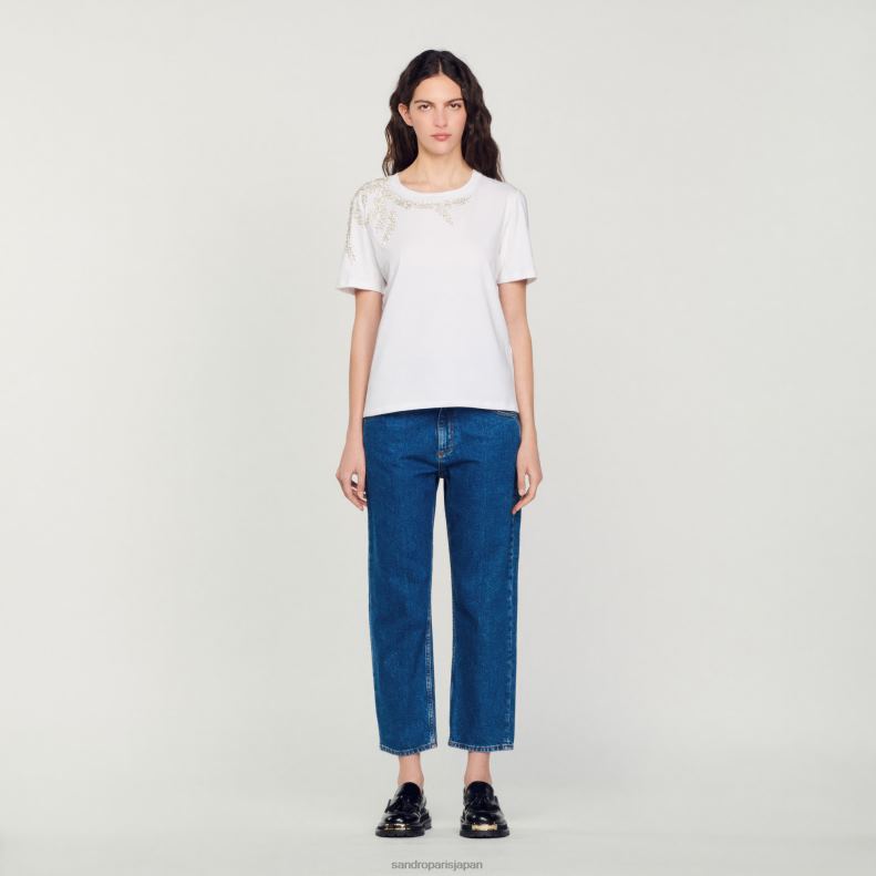 jp Sandro Paris 女性 ラインストーン装飾 Tシャツ 白 20D4B150 衣服