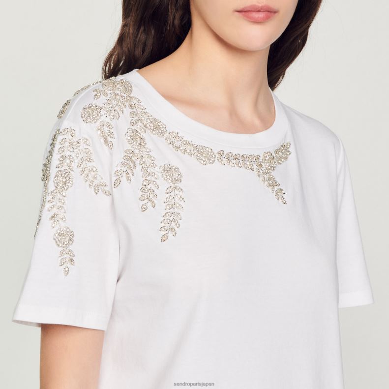 jp Sandro Paris 女性 ラインストーン装飾 Tシャツ 白 20D4B150 衣服