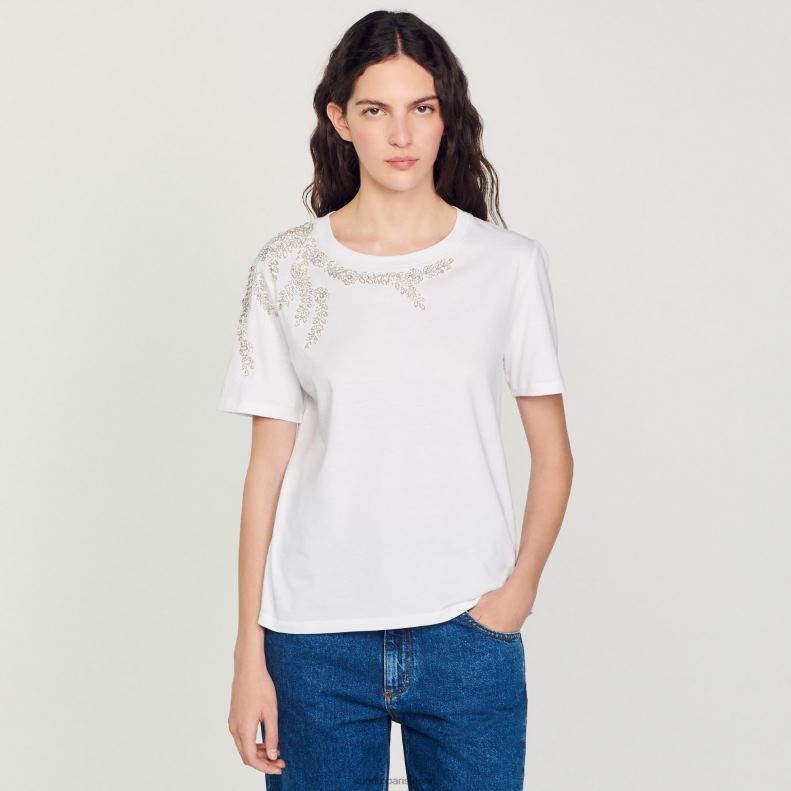 jp Sandro Paris 女性 ラインストーン装飾 Tシャツ 白 20D4B150 衣服