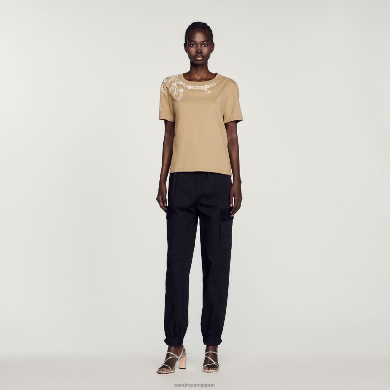 jp Sandro Paris 女性 ラインストーン装飾 Tシャツ オリーブグリーン 20D4B151 衣服