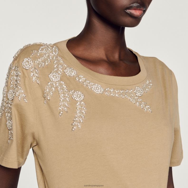jp Sandro Paris 女性 ラインストーン装飾 Tシャツ オリーブグリーン 20D4B151 衣服