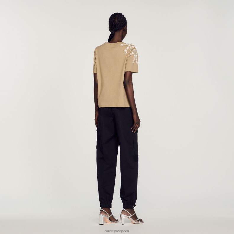 jp Sandro Paris 女性 ラインストーン装飾 Tシャツ オリーブグリーン 20D4B151 衣服