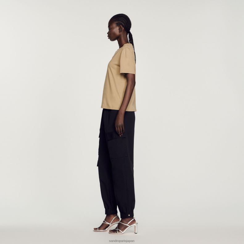 jp Sandro Paris 女性 ラインストーン装飾 Tシャツ オリーブグリーン 20D4B151 衣服