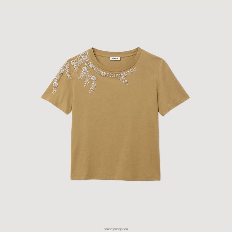 jp Sandro Paris 女性 ラインストーン装飾 Tシャツ オリーブグリーン 20D4B151 衣服