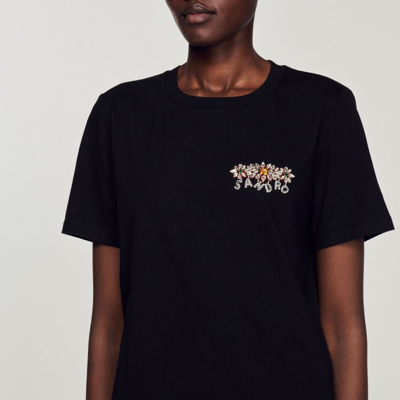 jp Sandro Paris 女性 ラインストーンTシャツ 黒 20D4B237 衣服