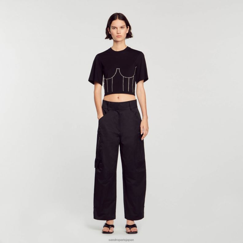 jp Sandro Paris 女性 ラインストーンビスチェデザインのTシャツ 黒 20D4B30 衣服
