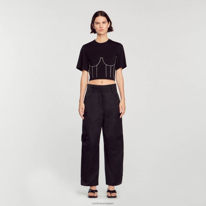 jp Sandro Paris 女性 ラインストーンビスチェデザインのTシャツ 黒 20D4B30 衣服
