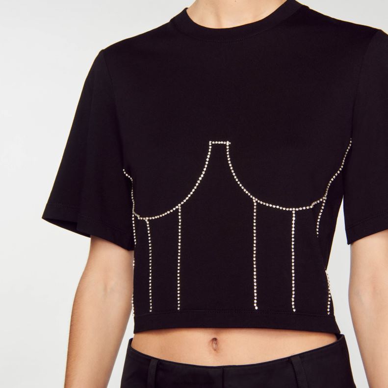 jp Sandro Paris 女性 ラインストーンビスチェデザインのTシャツ 黒 20D4B30 衣服