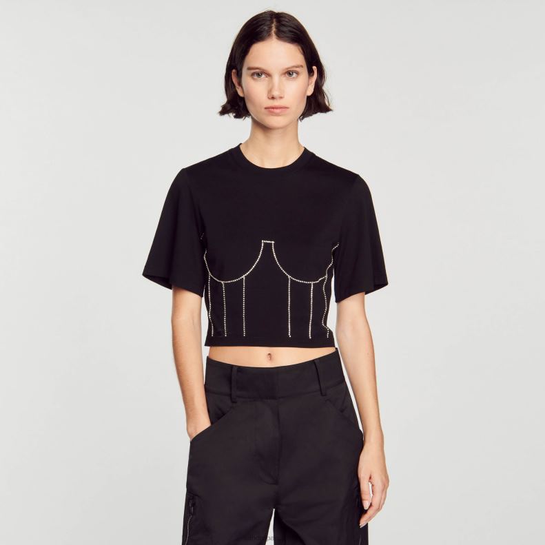 jp Sandro Paris 女性 ラインストーンビスチェデザインのTシャツ 黒 20D4B30 衣服