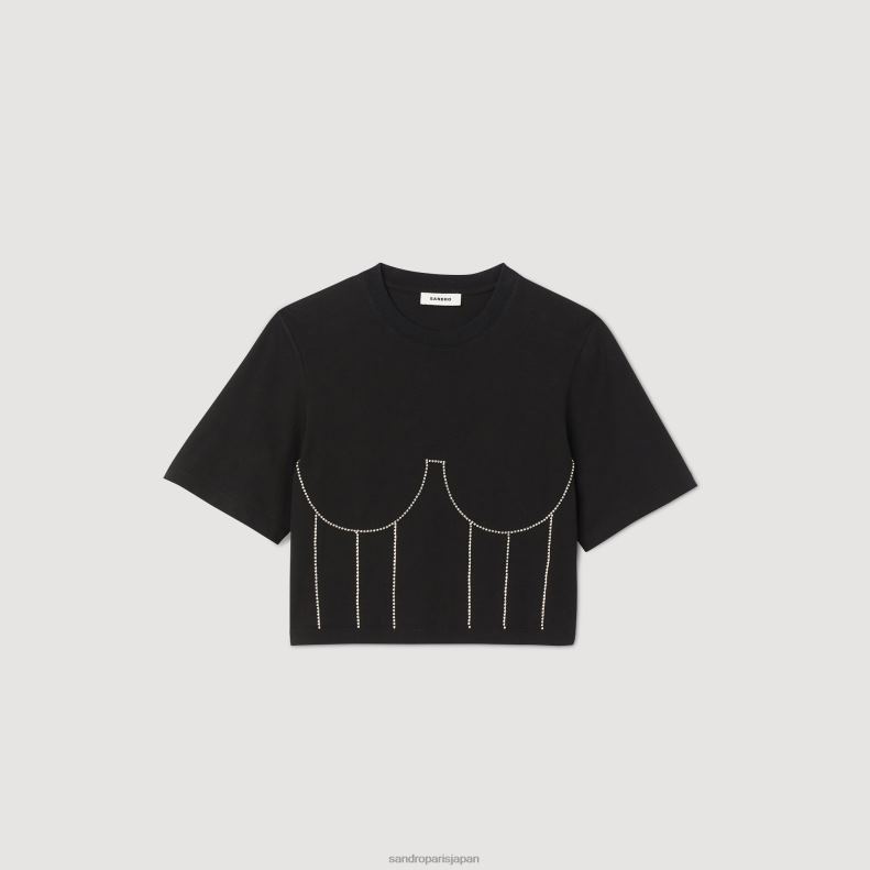 jp Sandro Paris 女性 ラインストーンビスチェデザインのTシャツ 黒 20D4B30 衣服
