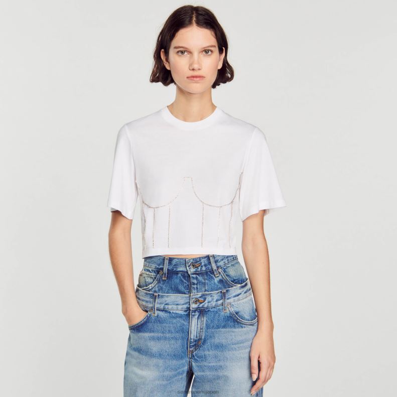 jp Sandro Paris 女性 ラインストーンビスチェデザインのTシャツ 白 20D4B39 衣服