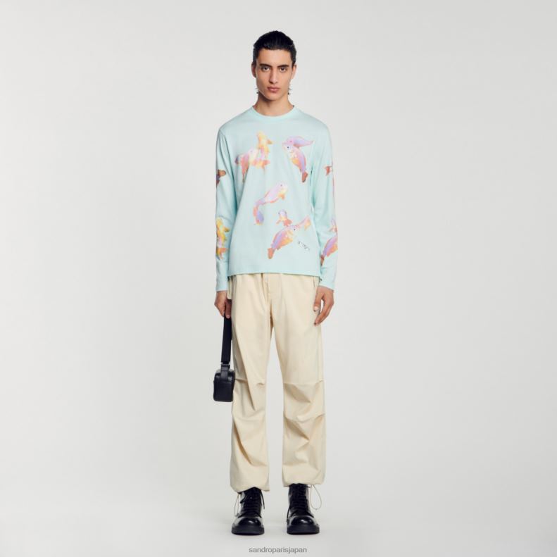 jp Sandro Paris 男性 魚のTシャツ ミントブルー 20D4B663 衣服