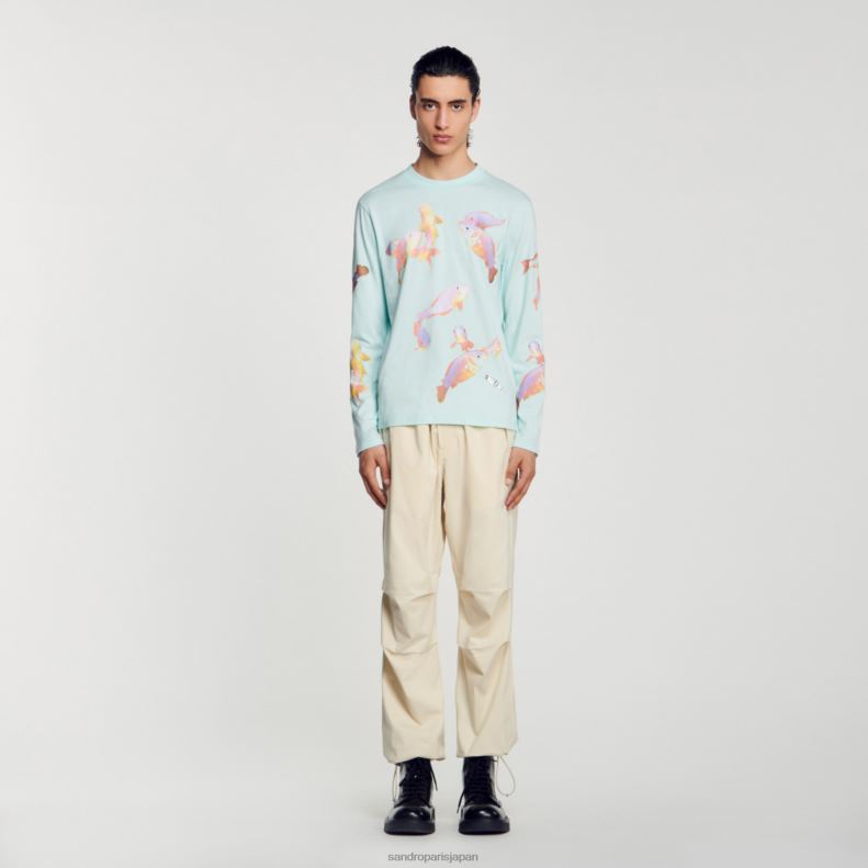 jp Sandro Paris 男性 魚のTシャツ ミントブルー 20D4B663 衣服