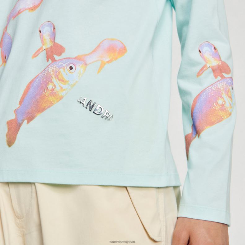 jp Sandro Paris 男性 魚のTシャツ ミントブルー 20D4B663 衣服