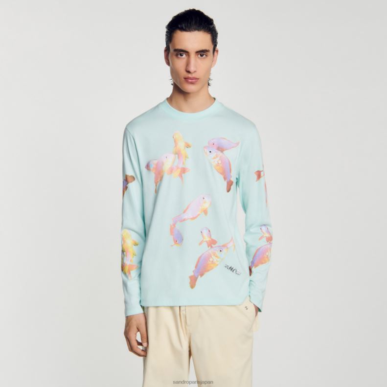 jp Sandro Paris 男性 魚のTシャツ ミントブルー 20D4B663 衣服