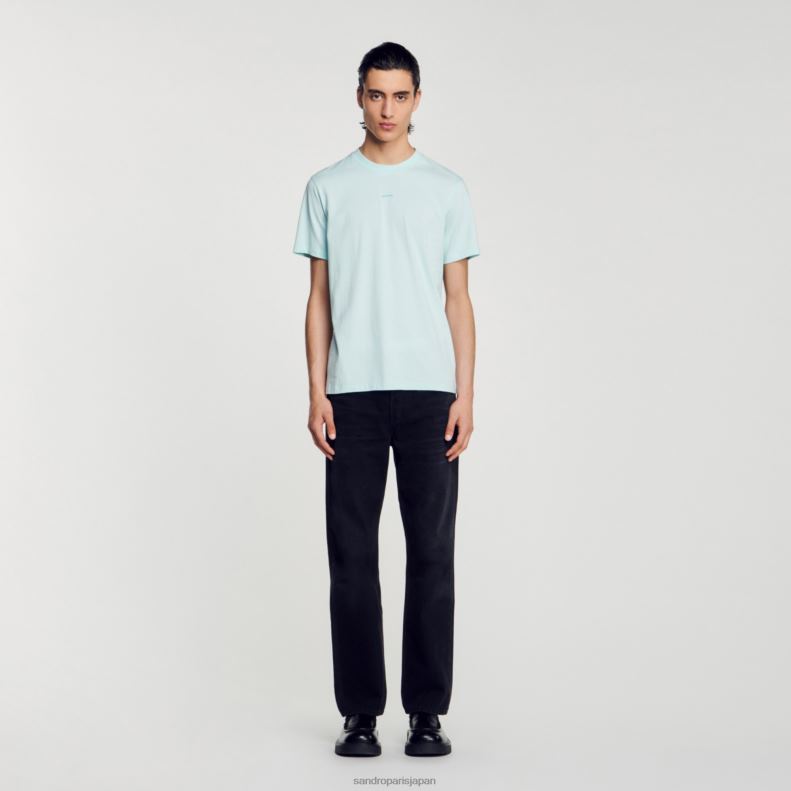 jp Sandro Paris 男性 刺繍入りTシャツ ミントブルー 20D4B713 衣服