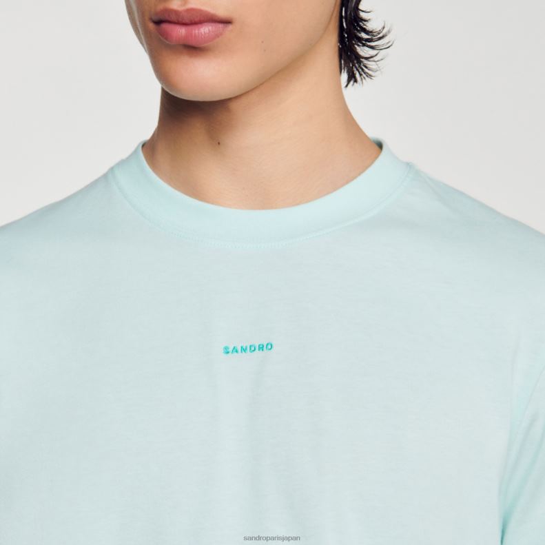 jp Sandro Paris 男性 刺繍入りTシャツ ミントブルー 20D4B713 衣服