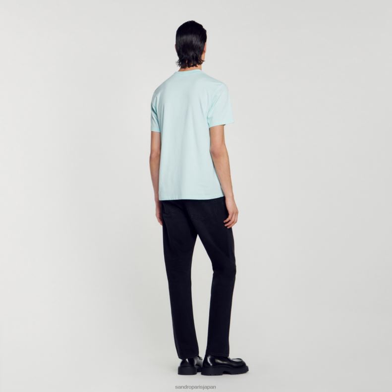 jp Sandro Paris 男性 刺繍入りTシャツ ミントブルー 20D4B713 衣服