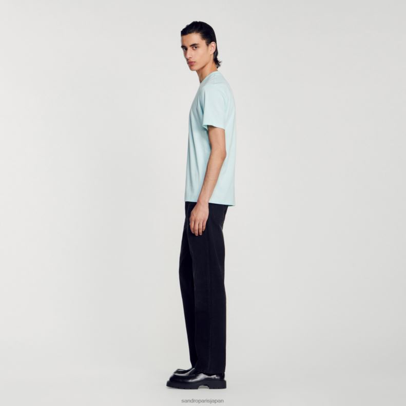 jp Sandro Paris 男性 刺繍入りTシャツ ミントブルー 20D4B713 衣服