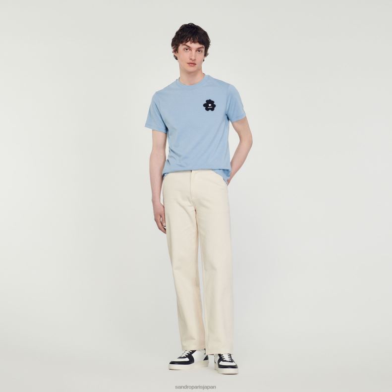 jp Sandro Paris 男性 フラワーパッチ Tシャツ 青 20D4B719 衣服