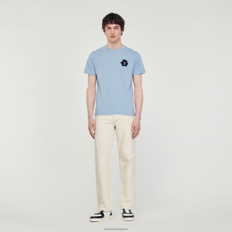 jp Sandro Paris 男性 フラワーパッチ Tシャツ 青 20D4B719 衣服